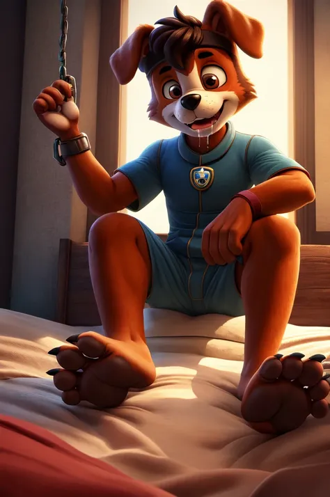 (((Barefoot furry dog character, furry body, cinematic shot, male))) Barefoot Chase (Paw patrol a dog b) (dark brown body, dark brown felling, brown eyes, white sclera, dark brown hair) lies on a bed, arms and legs straight , ((brown glow in his eyes)), we...