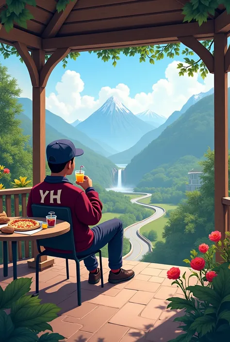  An open gazebo on a beautiful hill ,  in front of winding streets towards the mountains,  around it there are beautiful colorful flowers ,  a 27-year-old Indonesian man wearing a navy blue hat and a maroon red jacket that says YH, sitting in a chair drink...