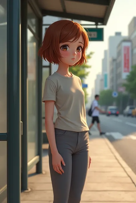 Realistic, hot brown hair short young girl wearing skin tight grey leggings and t-shirts hair waiting for the bus in the bus stop 