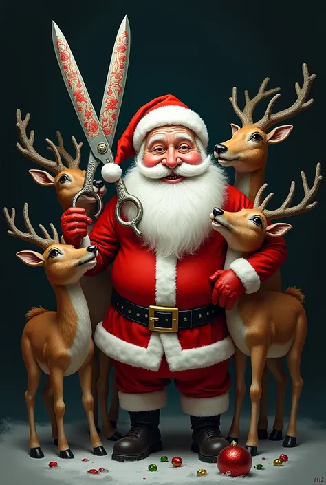 Funny Santa Claus with several reindeer around with Christmas scissors and the name ESTETICA ROLY RUIZ.  black background  