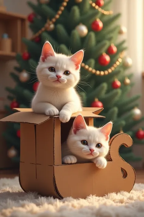 Two cats, one is on top of a cardboard box in the shape of a Christmas tree and the other in a cardboard box in the shape of Santa Clauss sleigh.