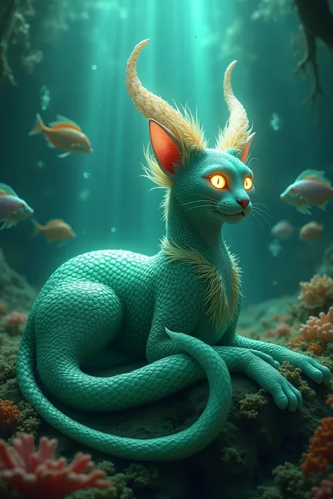 "A majestic mermaid cat with emerald-green scales, a luminous pearlescent horn on its head, and glowing eyes. It rests on a bed of seaweed beneath the ocean’s surface, surrounded by colorful fish and gentle bubbles rising around it