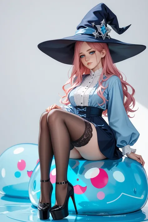 An adult girl, sorceress, magical blue robe, long loose sleeves hide the arms, short skirt, witch hat, long wavy light pink hair, blue eyes, sleepy facial expression, narrowed eyes, Long black stockings, Platform shoes with wide heels, big breasts, big ass...