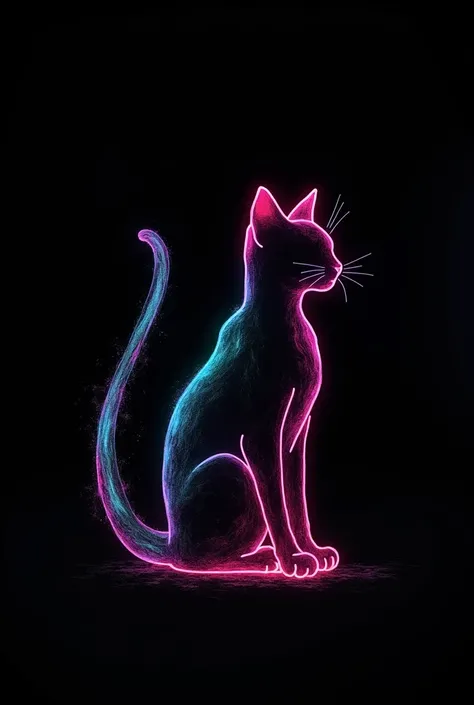 Create the silhouette of a cat with a single continuous line with a chalk texture with neon colors and a black background