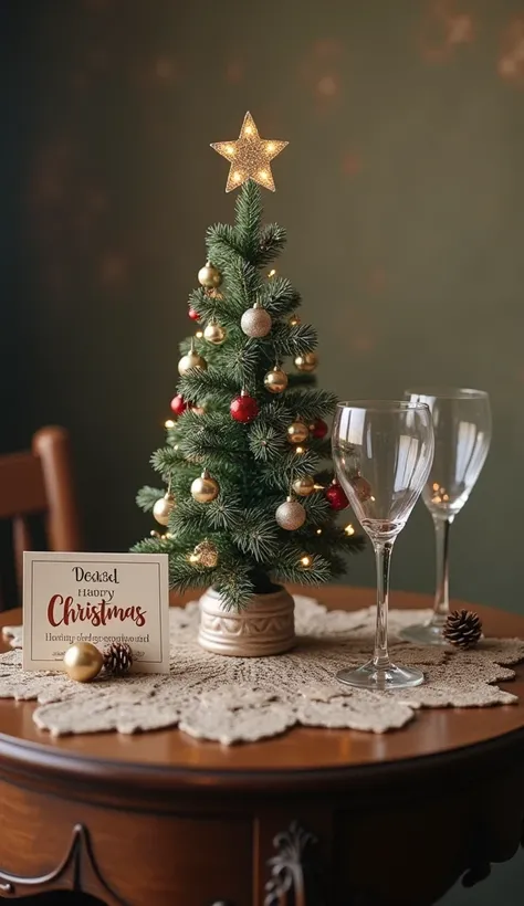  There is a small Christmas tree, wine glasses, and a Christmas card with Merry Christmas written on it on an antique table、Very realistic and pictured 