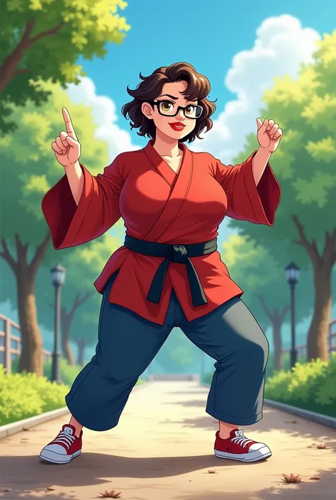 FAT FAT overweight woman with fat on her body with short wavy brown hair,  player reading glasses ,  brown eyes ,  red lips,  wears a red karate kimono black belt blue pants red and white canvas sneakers practicing martial arts, In the background a sunny p...