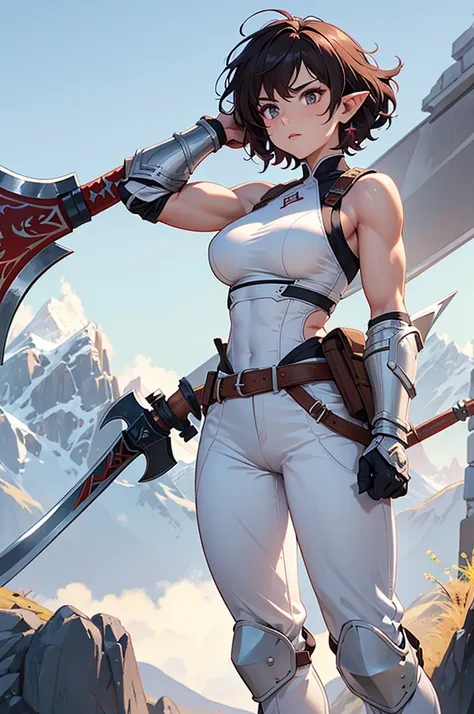  Create an image with the perspective from below . A warrior woman,  with pointy ears .  with a very strong and athletic physique .  white skin .  painted lips. short curly hair carmine . wearing sleeveless armor and white pants, with long boots.  who has ...