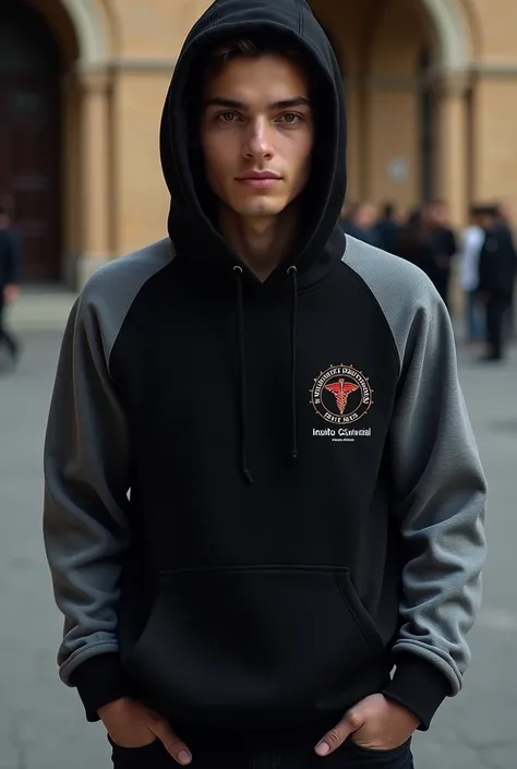  Poleron Black with hood and gray sleeves embroidered logo of the "Instituto Comercial "  curved and the red caduceus and below the name Osorno  