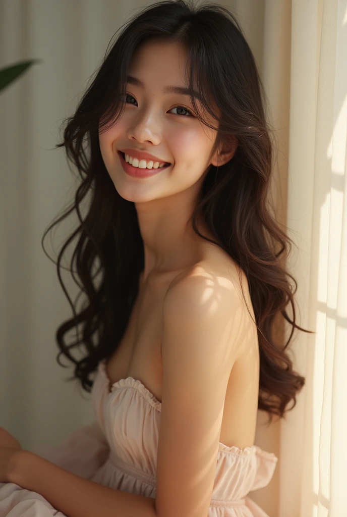 Naked Korean woman smiling in a skirt
