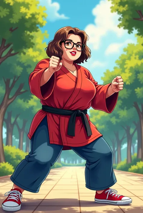 FAT FAT overweight woman with fat on her body with short wavy brown hair,  player reading glasses ,  brown eyes ,  red lips,  wears a red karate kimono black belt blue pants red and white canvas sneakers practicing martial arts, In the background a sunny p...