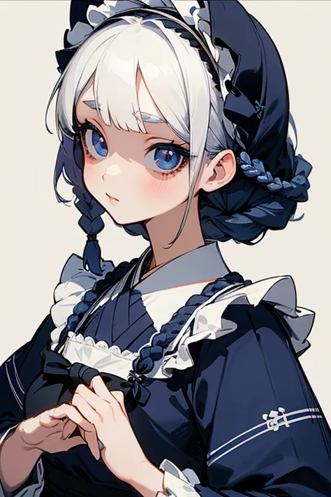      short white hair    , ((     Masterpiece  :1.2)).     gothic Lolita   、      punk fashion    、((Navy blue clothes)).Front、      Upward Glance        。    super detailed、 cute、    detailed face    、Beauty、((    braids    )).    detailed face    、(( cut...