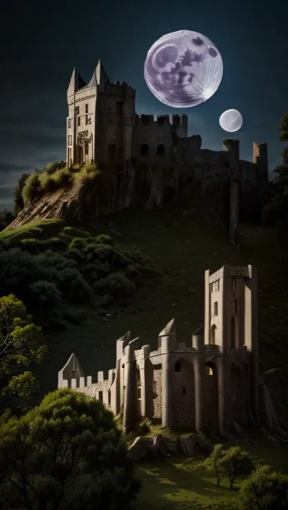  Illustration Inspired by the Lord of the Rings saga,  Depicting the Ruins of an Ancient City , ( white owl, full moon, Castle Ruins :1.3)，Professional photography, Atmosphere of the Dark Night .