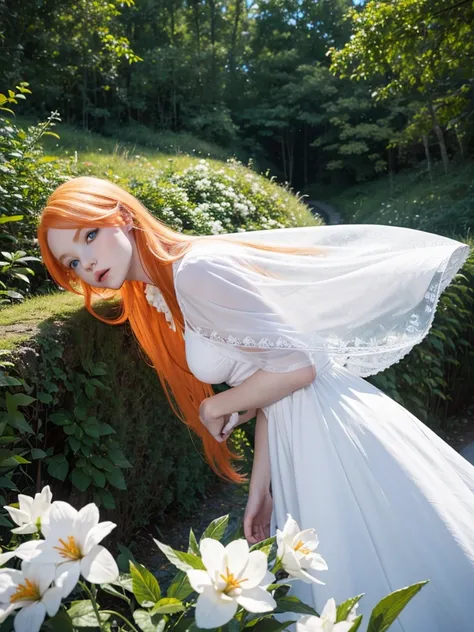 Long white orange hair, blue eyes, serious features, white skin,  in a garden, with flowers , in the forest 