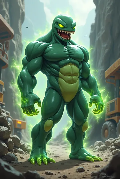  Pokémon Grimer with a human appearance ,  athletics and that generates energy all over its body, in a mining background 