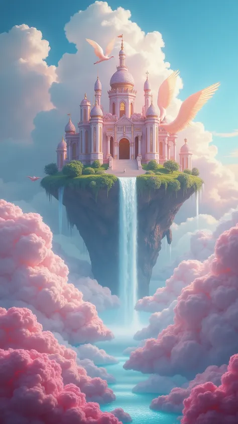 It visualizes fascinating scenes from the magnificent world of romantic dreams. Inside the clouds are a palace inhabited by angels, a fluffy cloud, a waterfall from a floating island, and a vibrant surreal atmosphere. The atmosphere is mysterious and quiet...