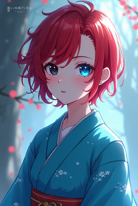 kimetsu noyaiba, Beautiful girl,  pale skin , 
 short hair ,  black left eye,  and blue right eye , red hair, 
Blue kimono 