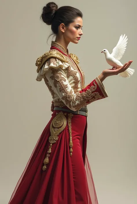 Woman dressed in a mens bullfighter suit with her hair tied up full length with a dove in her hand
