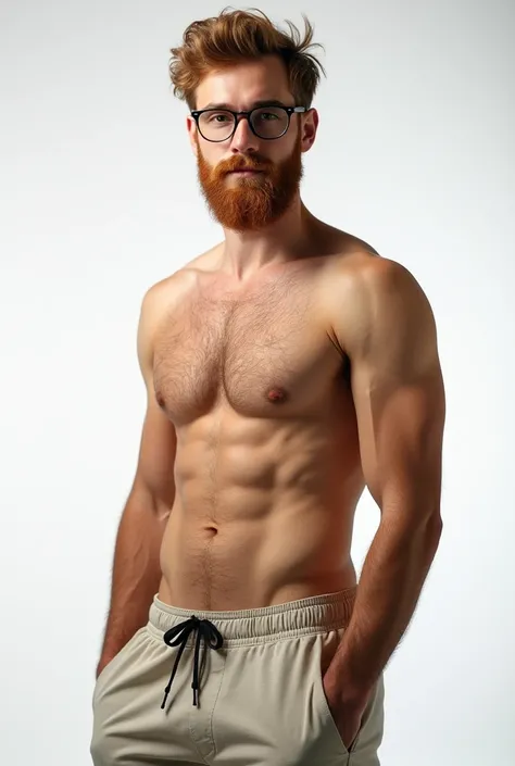 Take a realistic photo of a tall French and half-Spanish boy with blond brown hair who has little red beard and who is a little strong and with shorts and who looks like a tourist on a white background and who wears glasses 