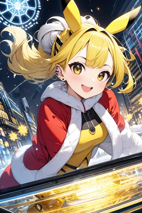 （masterpiece, best quality:1.2), (absurdres,  highres icon, ultra-detailed), (perfect anatomy), 
1 Japanese ( Pokémon Pikachu) woman,(( Pokémon Pikachu)),Personification,（Pikachu）,smiling
22yo,beautiful eyes00 , 
 ((multicolored hair , dark  yellow hair,  ...