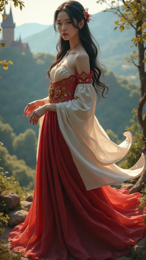  Beautiful Korean Lady. middle Ages. Europe. fantasy.  Sai Blog Skirt . [Hand  ，standing. whole body. from below.  