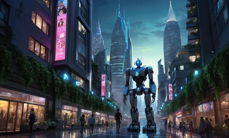 "Create an  majestic image of a futuristic city at dusk, with towering humanoid robots standing still in the city streets. The robots should have realistic, human-like features, with glowing eyes and a calm, imposing presence. The city around them should f...