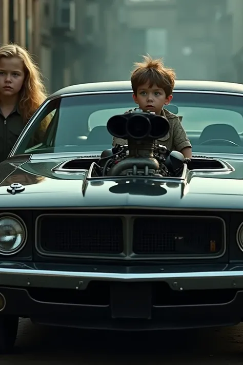 Photo of a black 1973 dodge challenger with engine leaving the hood ,  a blonde girl looking at the side of a co-pilot and a pilot a boy with degradation and green eyes, and glasses