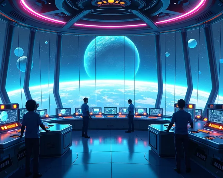 scifi command center with a view of planets outside, color blue tone, glass walls, neon lighting, anime style, bright