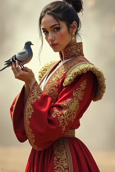  Woman dressed in a bullfighters costume with her hair tied up with a full body looking straight ahead, with a dove in her hand 
