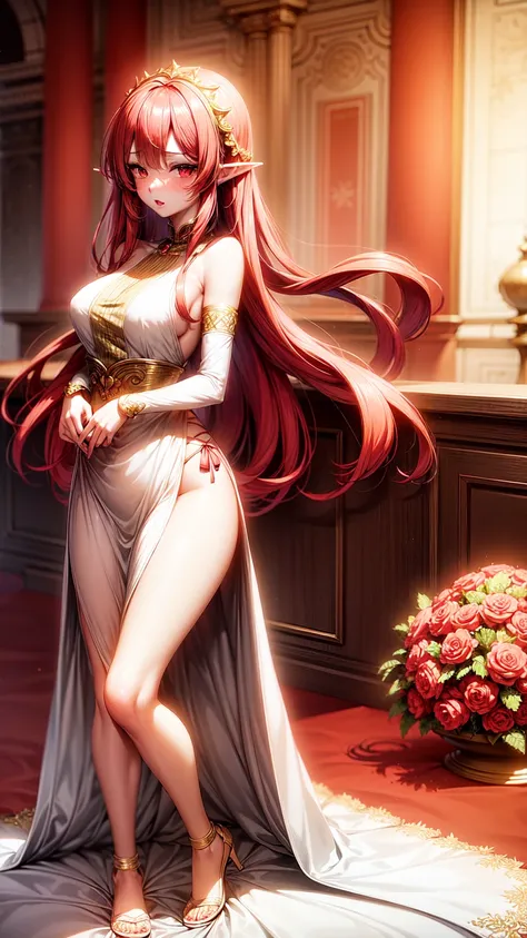  anime girl image,red eyes, red hair,Elf ears,eleven, white dress ,long skirt,Milf,adult woman, long hair , wavy hair ,beautiful,Seductive face, seductive face ,Dressed like an angel, with gold detail on the waist , with transparent lace sleeves,with gold ...