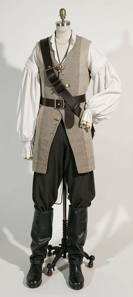 generate a Man using this outfit. He was a male around 17-19 years old with a medium yellow wavy hair. in his chest, he using baldric with two musket hold in his baldric or holster.