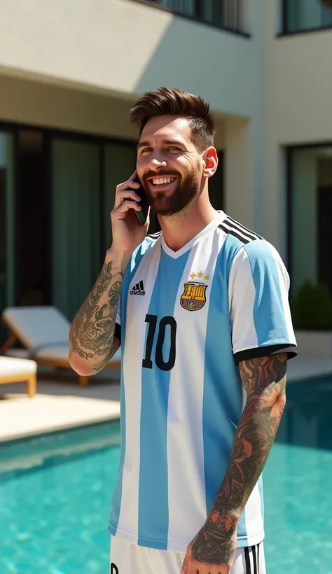 “Ultra-realistic image of Lionel Messi happy outside his mansion near the pool  .  Messi has a tattoo only on his right arm .  he is standing in an Argentinian uniform with number 10 and has a cell phone talking to someone .