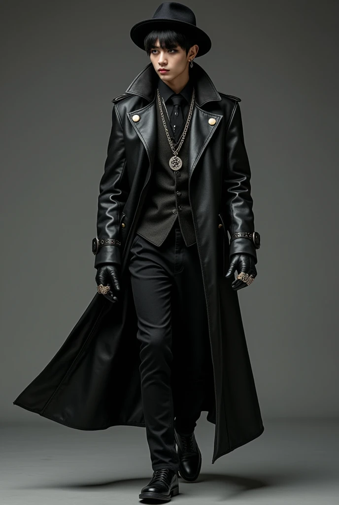 A gothic Korean man, dark gothic appearance, fair skin, short black hair with a black fedora hat, black eyes with black eyeliner, wearing a long closed black leather trench coat and paired with a stylish black tie, black stylish pants with black stylish sh...