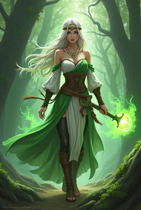 A female wood elf with healing and defense magics. She has bright blue eyes, pale skin, and white long hair with some braided and some not. She wears a brown headband with a head circlet, wearing green and white clothing off shoulders and arm bracers and b...