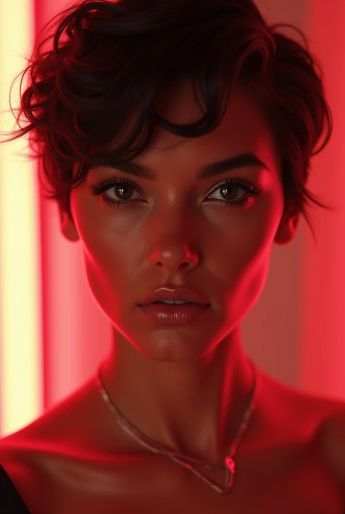 Beautiful woman with short hair and makeup in neon light, close-up portrait, fashion photography, retro style, vintage colors, high resolution, high contrast, sharp focus, studio lighting, natural skin texture, soft shadows, bright tones, hyper-realistic,u...