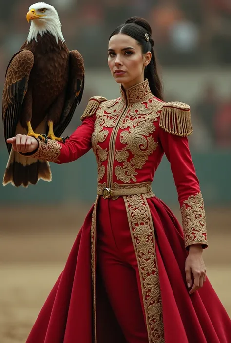  Woman dressed in a male bullfighter suit with her hair tied up with a full body looking straight ahead, with an eagle in her hand .
