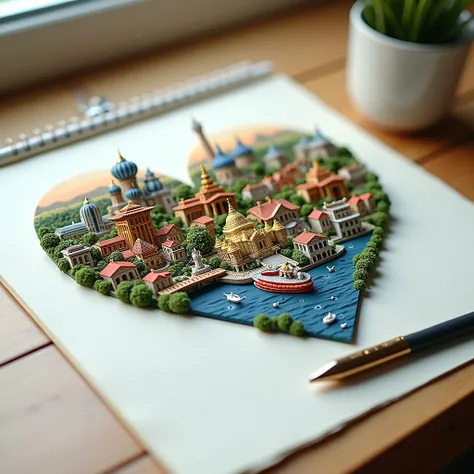 Indoor background，A sheet of paper ，A pen，A heart painting of Phnom Penh in 3D