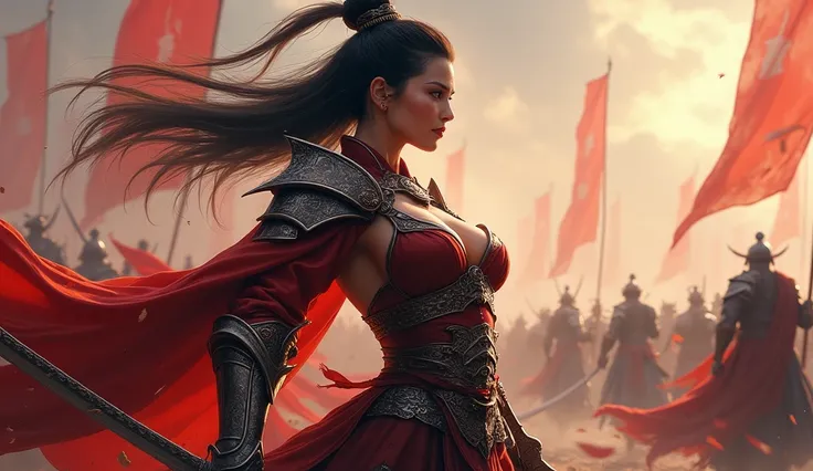 a sexy big breast girl standing on the left corner in three kingdoms war