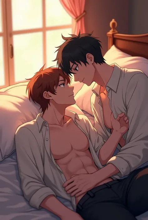 "Anime style Two thin men are lying on the bed in a romantic room. Both have brown and black hair. The other one is small. Both characters have their shirts unbuttoned. The soft natural light creates a warm atmosphere. They are looking directly at each oth...