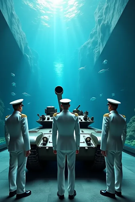 4 bodyguards in white colour dress around in   military tank infront of aquarium 
