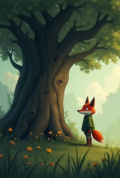 Alone and scared, she sat under a giant tree and began to cry. It was then that a boy wearing a fox mask appeared. 

"Dont cry, little one," he said in a soft voice. "Im here to help you."
 haz una imagen para esta escena