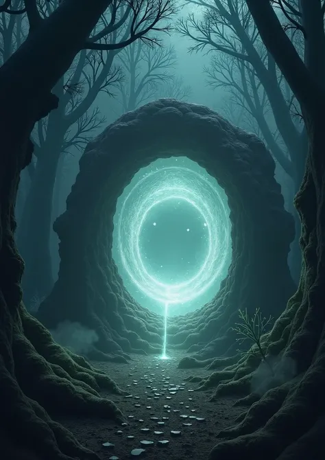 Make a portal in a forest with a very dark background with a little light blue 