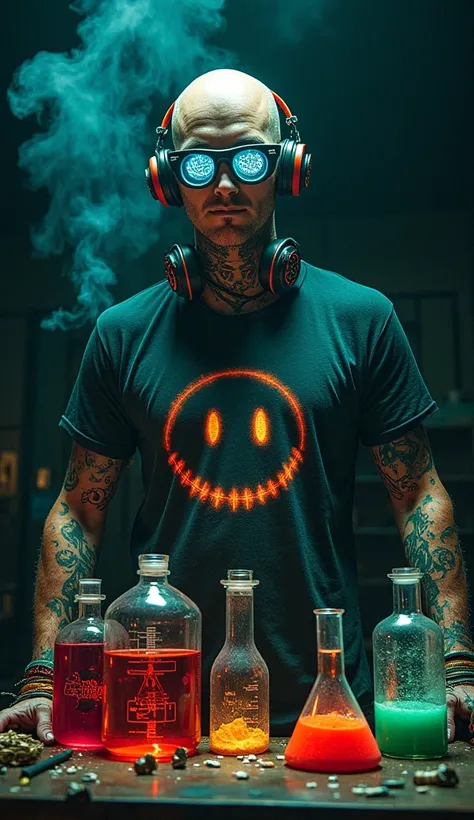 cyborg chemist baldy burned face blue eyes t-shirt with smiley test tubes graduated flasks beakers with red liquid green liquid bottle with red powder burned hand and arm tatoos black background smoke thunder Bunsen burner Tupperware full of crystals neon ...