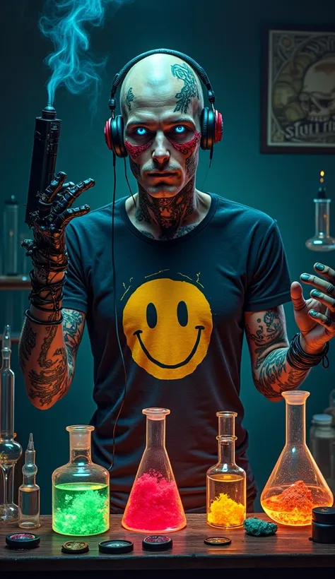 cyborg chemist baldy burned face blue eyes t-shirt with smiley test tubes graduated flasks beakers with red liquid green liquid bottle with red powder burned hand and arm tatoos black background smoke thunder Bunsen burner Tupperware full of crystals neon ...