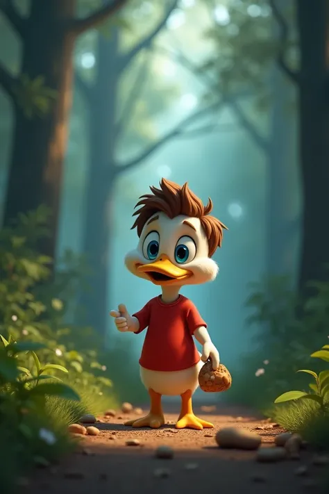 A Pixar-style cartoon scene showing the young boy duck (large blue eyes, red t-shirt, brow  hair blue shorts) standing alert on a forest path. His expression shifts to concern as he hears the distant cry of a . Around him, the dense trees and faint fog giv...