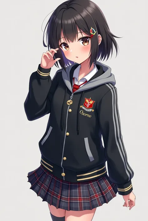  Teenage anime girl with black poleron with gray hoodie and sleeves and with closure embroidered logo of the "Instituto Comercial " curved and the red Caduceus and below the name Osorno and skirt Scottish checkered pattern in shades of gray,  dark blue and...