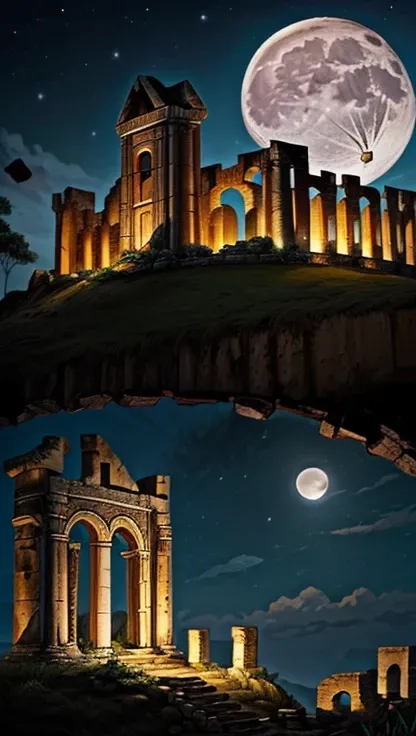  Illustration Inspired by the Lord of the Rings saga,  Ancient City Ruinsを描く, ( Chibi character、White Owl:1.2， Ancient City Ruins, full moon, Castle Ruins :1.2)，Professional photography, Moonlit Night Atmosphere .