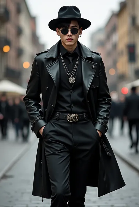 A gothic Korean man, dark gothic appearance, fair skin, short black hair with a black fedora hat, with a black sunglasses, wearing a long black leather trench coat with a belt and matched with a black elegant tie, black elegant pants with black elegant sho...