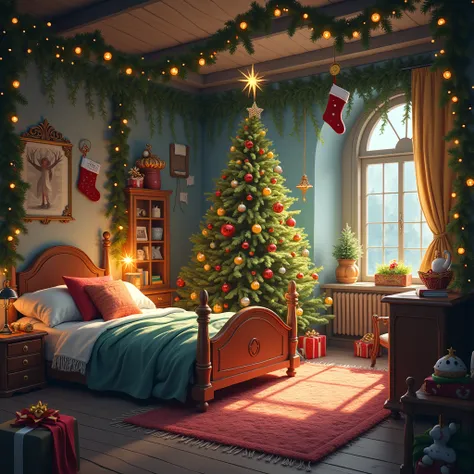 A magical bedroom with a wonderful Christmas decoration