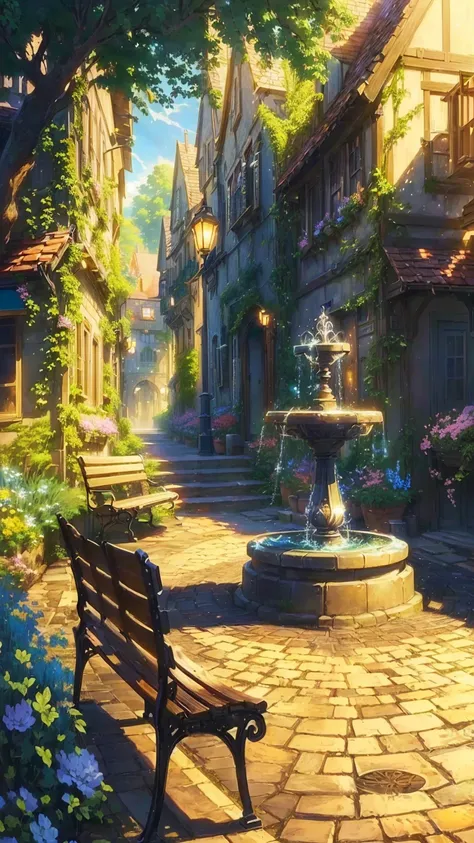 there is a bench sitting in the middle of a courtyard, background art, anime background art, town background, 8k high quality detailed art, relaxing concept art, background artwork, medeival fantasy town, scenery artwork, anime scenery concept art, fantasy...