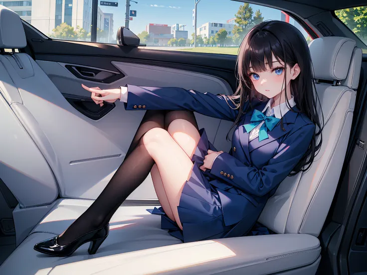 high school student ， Has long, dark hair ， with warm blue eyes ， Wore a fresh blue suit and black heels ， pure white collar and bright green bow 。 has long dark hair and warm blue eyes ， sitting in a car seat ， spread legs